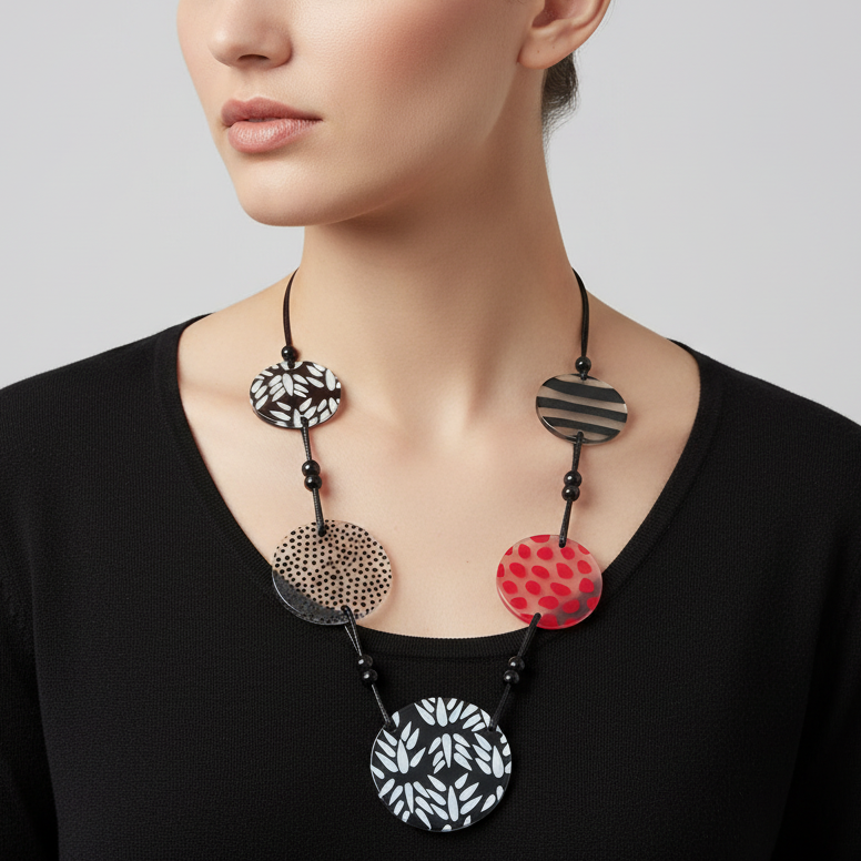 Black red white resin necklace