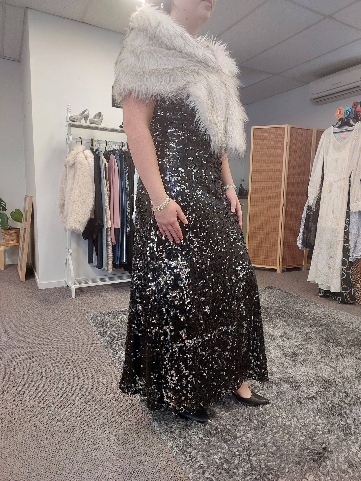 Black & silver sequin ball /formal dress, size 12-HIRE