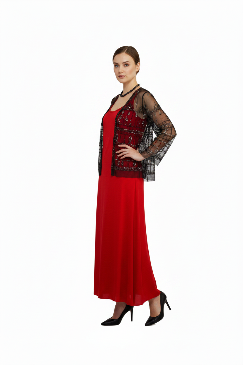 Country Road silky red slip dress & Rubi Yaya shrug, size 14-HIRE