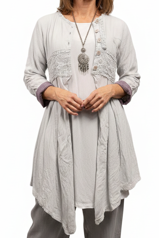 Ewa i Walla grey embroidered linen coat, size 10-12, retail $897