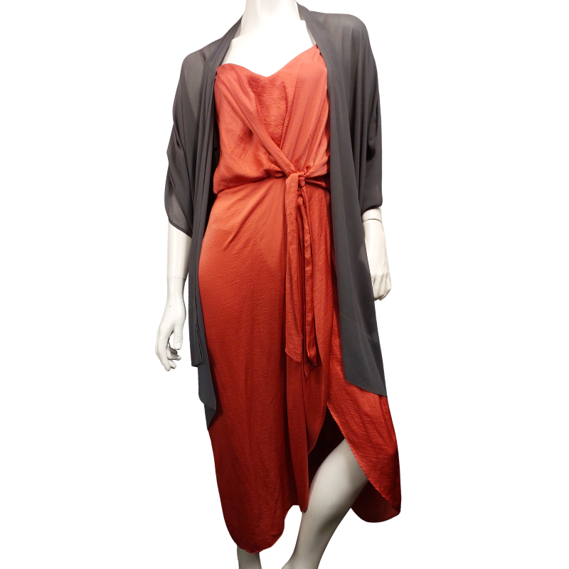 Rust silky formal dress + champagne sequin coat, size 16-18-HIRE