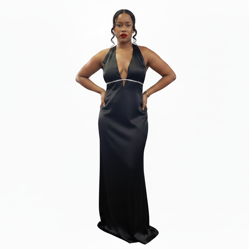 CATHERINE black satin/ silver diamante formal / ball dress, size 10-12-HIRE