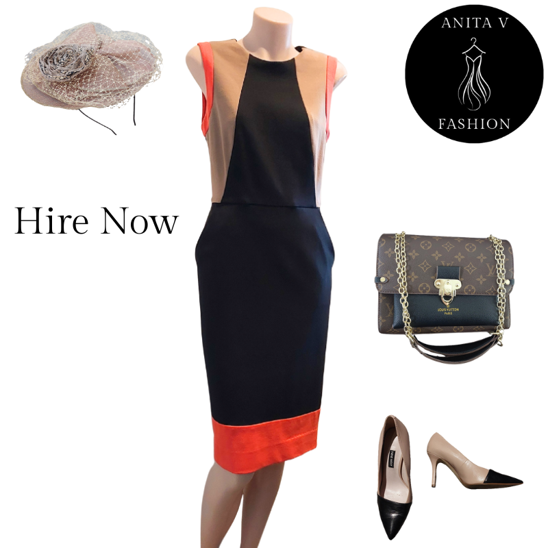 Fenn Wright Manson black/tan/orange cocktail dress, size 8