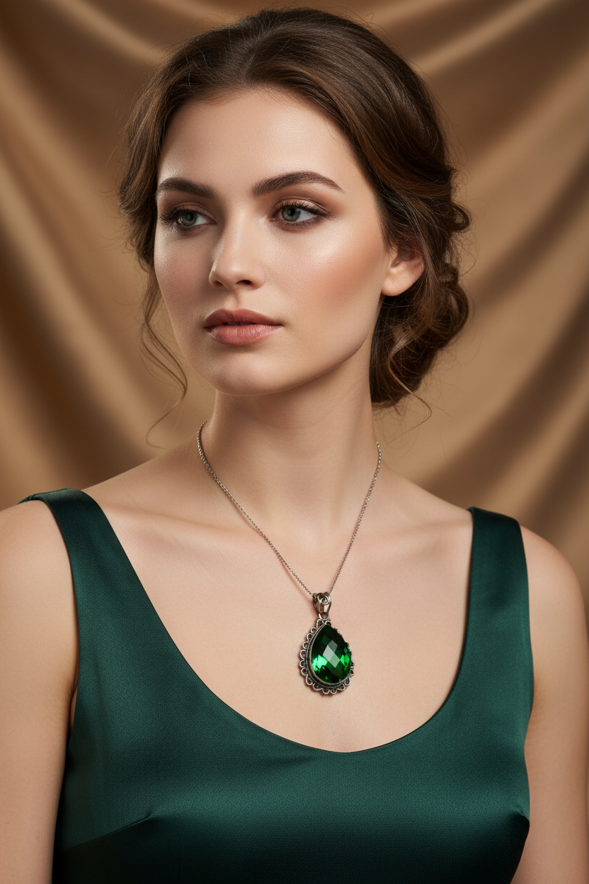 Green Quartz Crystal, Silver Pendant