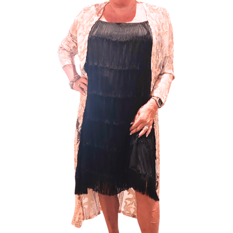 Roman navy sequin top tassel/flapper dress, size 14-16-HIRE