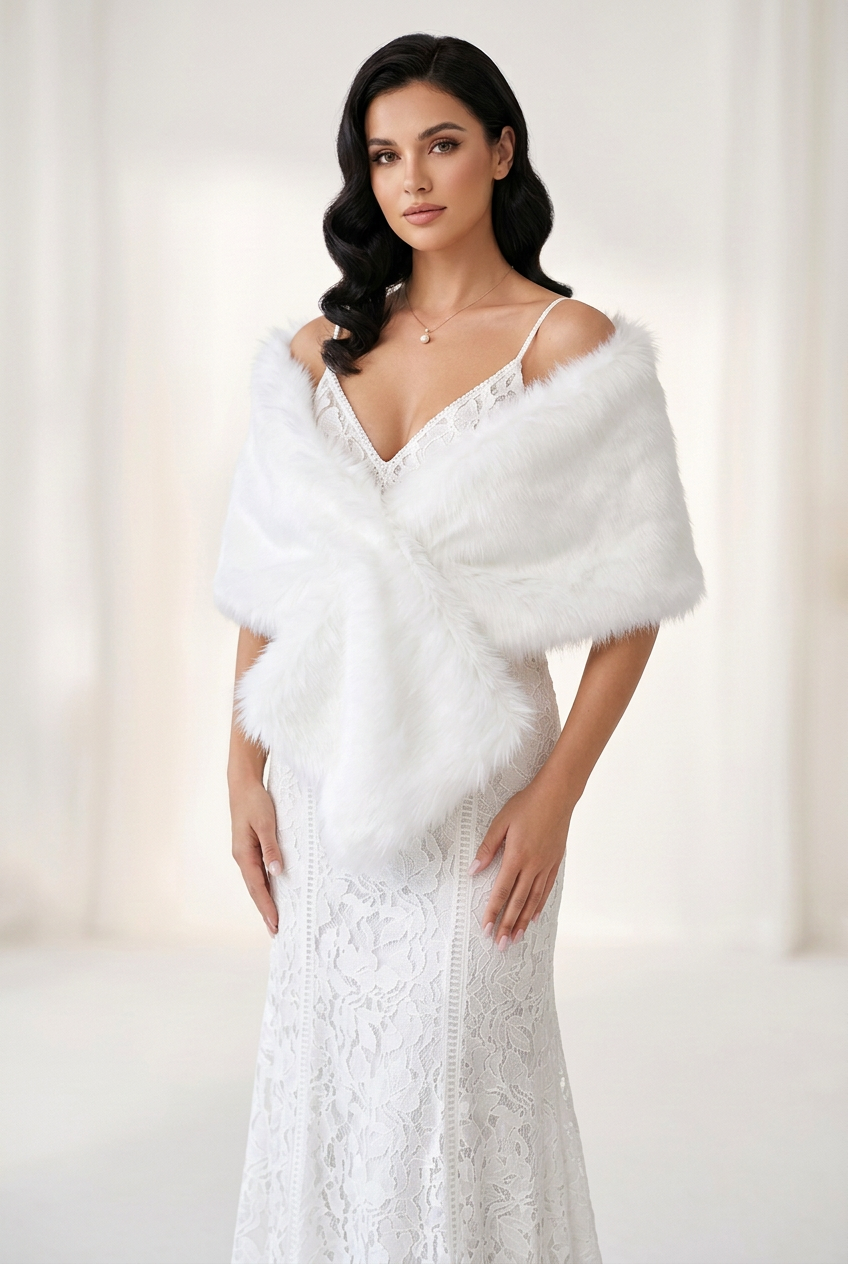 White faux fur shawl/stole, HIRE $30 or $20 with a dress