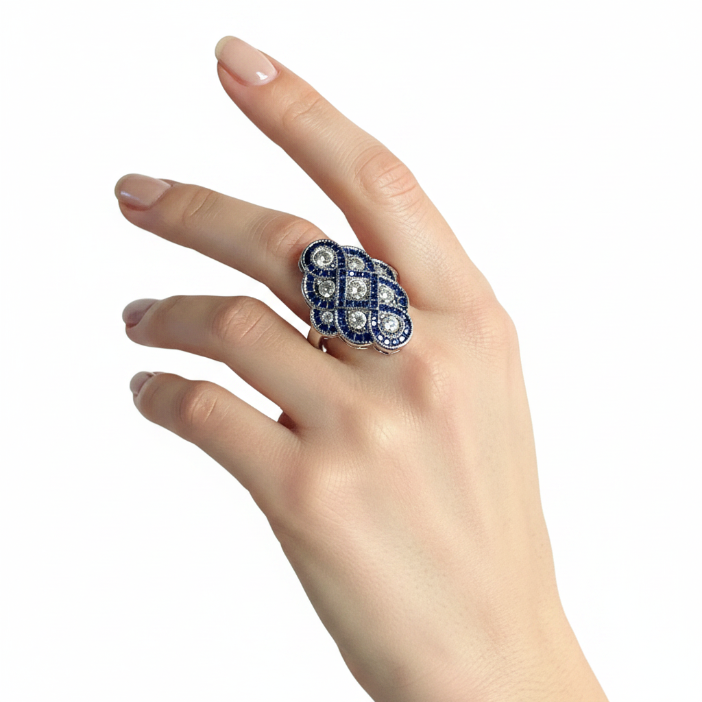 New Sim sapphire cz silver art deco ring