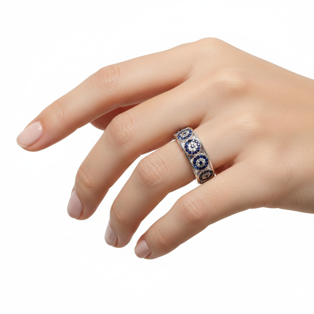 Silver sim sapphire evil eye cz bling ring
