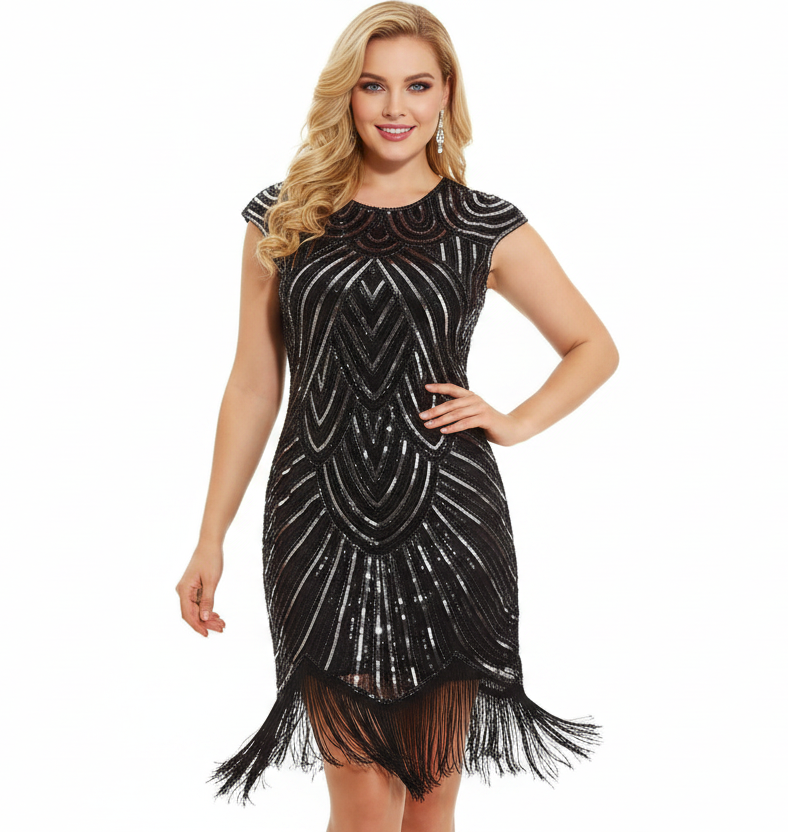 1920's Flapper/Gatsby Dresses, black silver sequin & beads, size 8-10-12-14-16-18