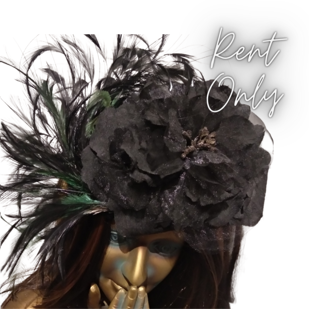 Black, green feather fascinator-HIRE