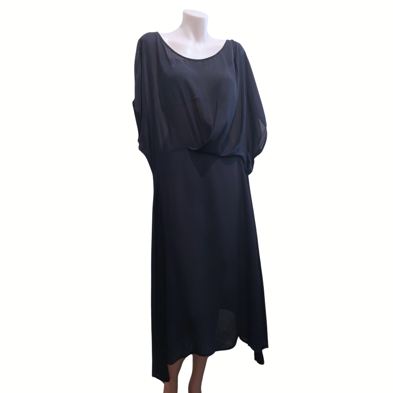 Shen Designer navy assemetrical dress, size 10-12-HIRE