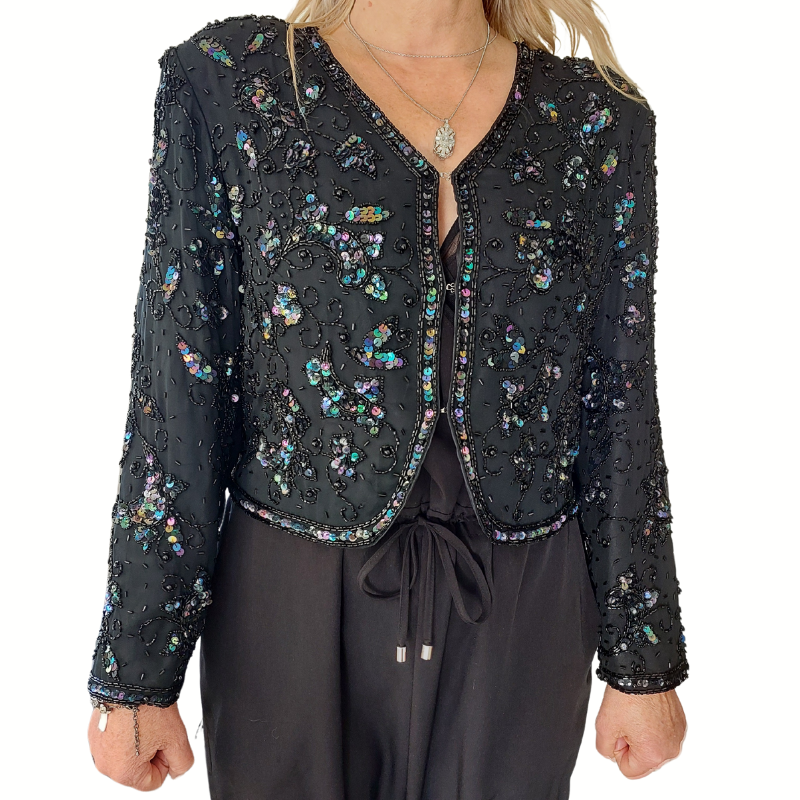 Gold Eagle black sequin/beaded jacket, size 10