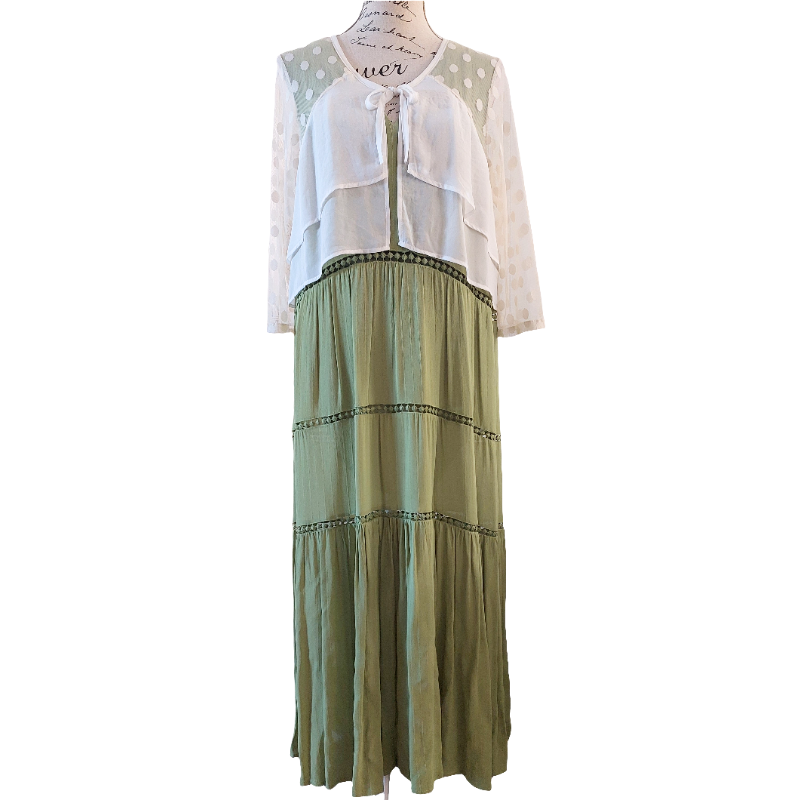 Catalyst cream top + Loobies Story avocado green dress, size 14