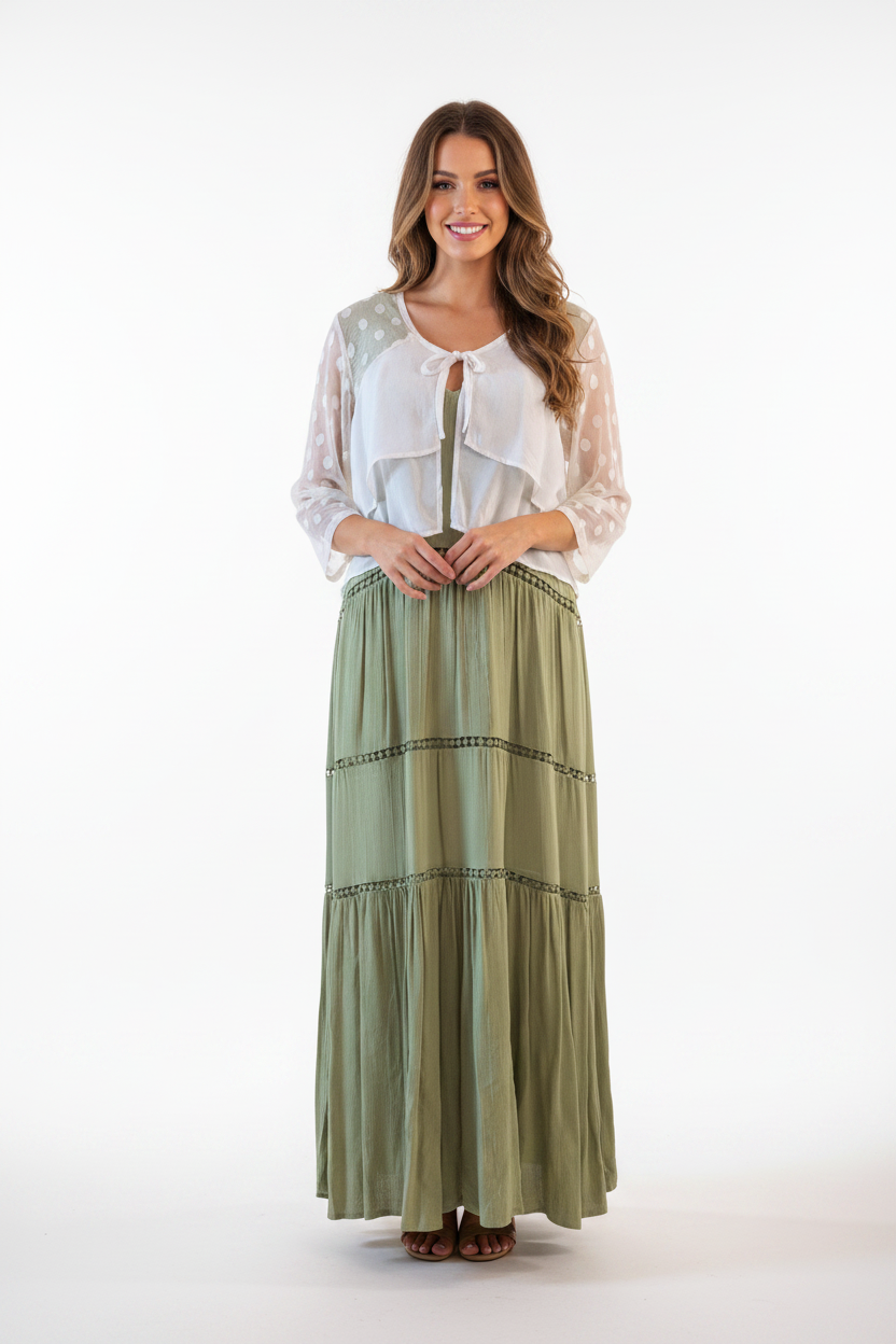 Catalyst cream top + Loobies Story avocado green dress, size 14