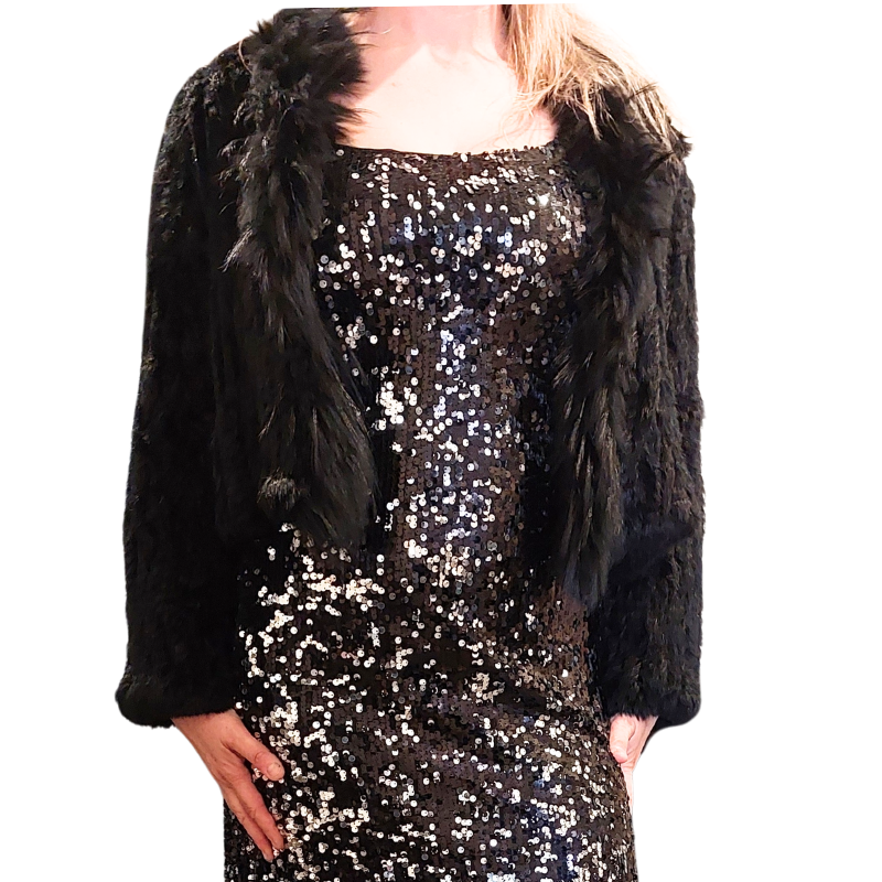 Black rabbit fur jacket, size 10-HIRE