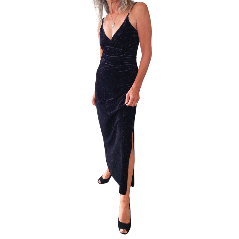 formal dress pant shirt combination Rapsody black velvet silver sparkle midi dress, size 8 – Anita V Fashion &  Beauty