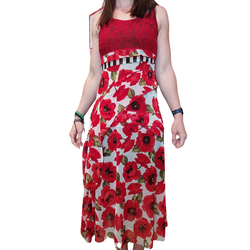 David Pond red floral midi party dress, size 10