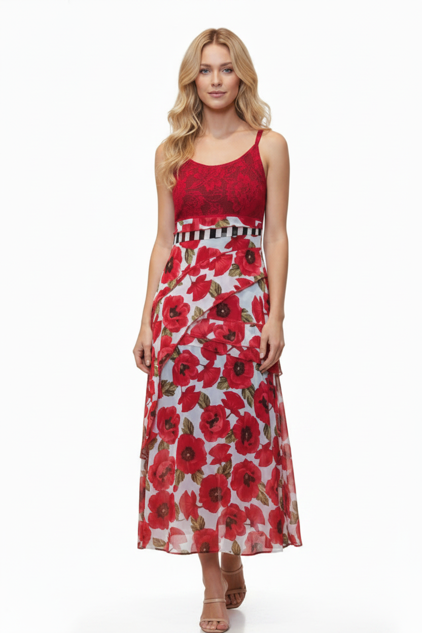 David Pond red floral midi party dress, size 10