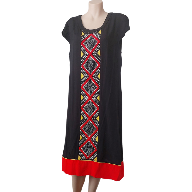 SALE Blue Illusion black red /yellow panel dress-L/14