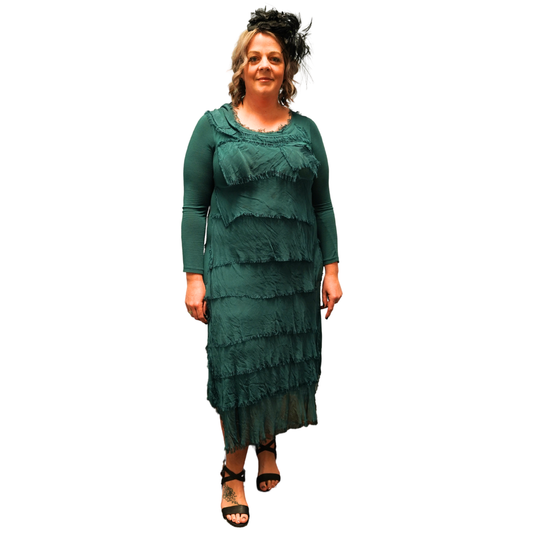 IMAGINE Fashion Italy teal silk dress, size fits 12-14-16 HIRE