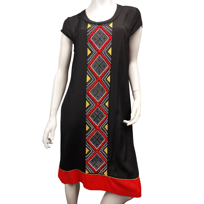 SALE Blue Illusion black red /yellow panel dress-L/14