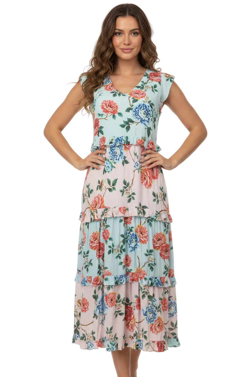 Boho blue floral rayon dress, size 10