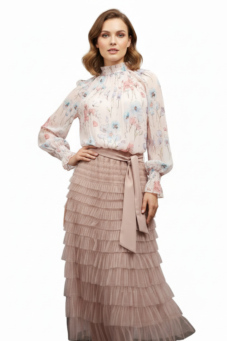 Pink floral shirred neck pleated top, size 10