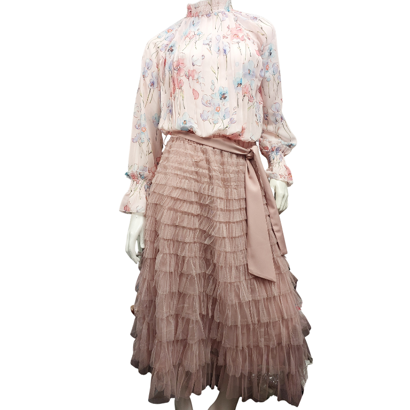 Pink floral shirred neck pleated top, size 10