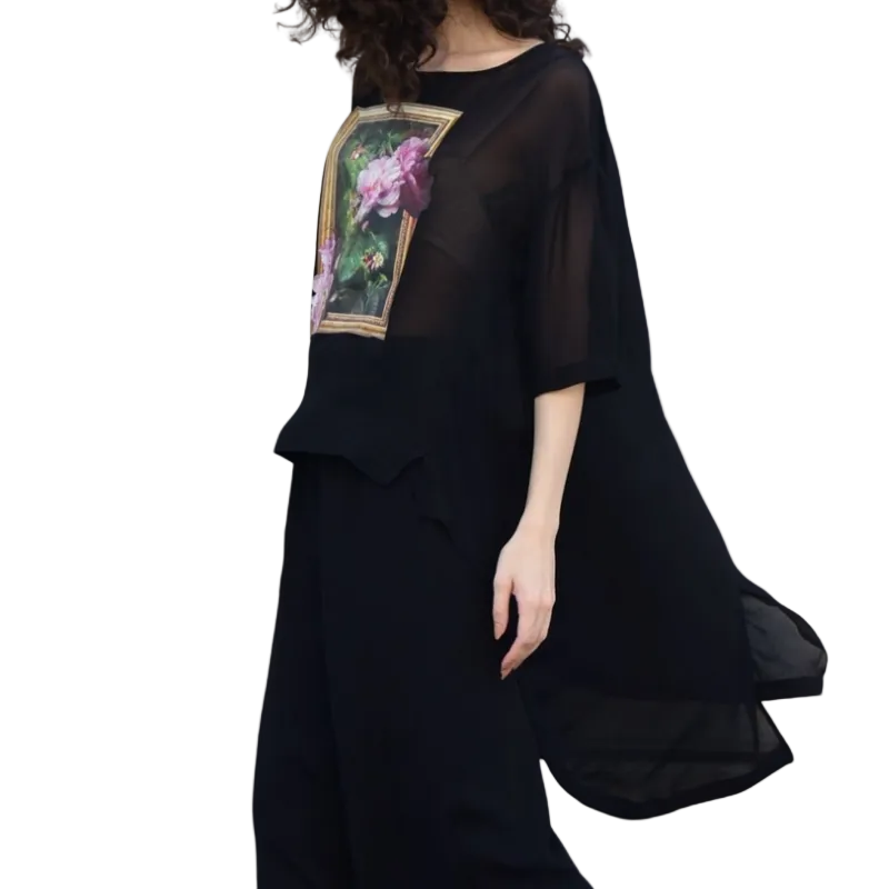 Curate black chiffon floral print top, size M, 12-14