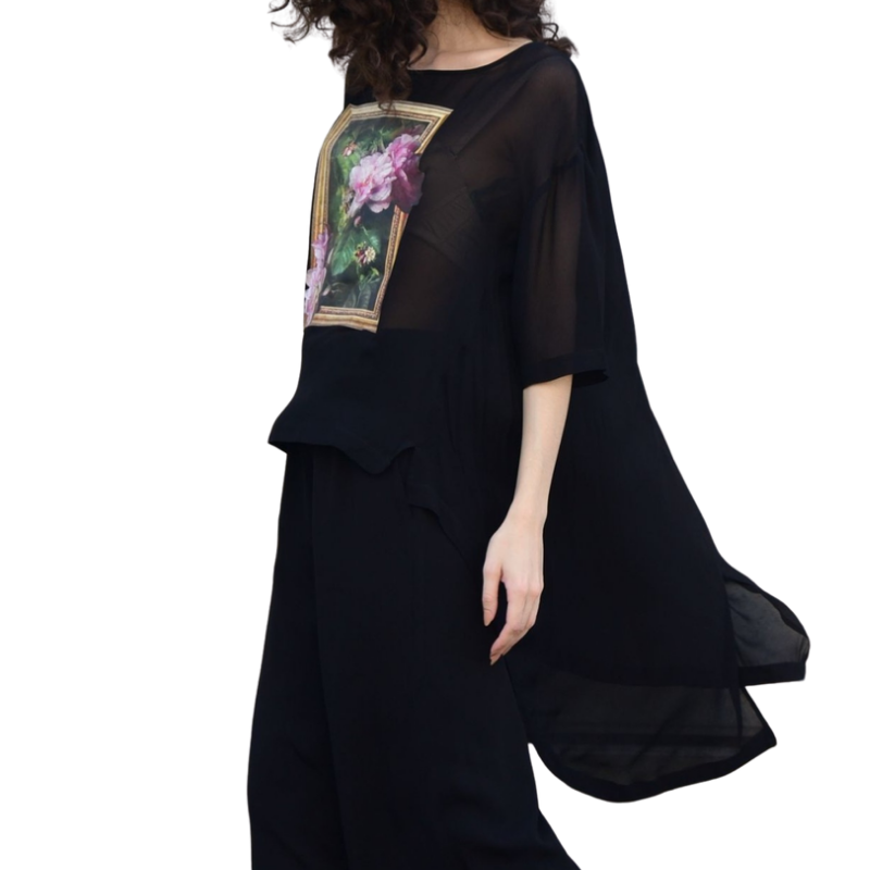 Curate black chiffon floral print top, size M, 12-14