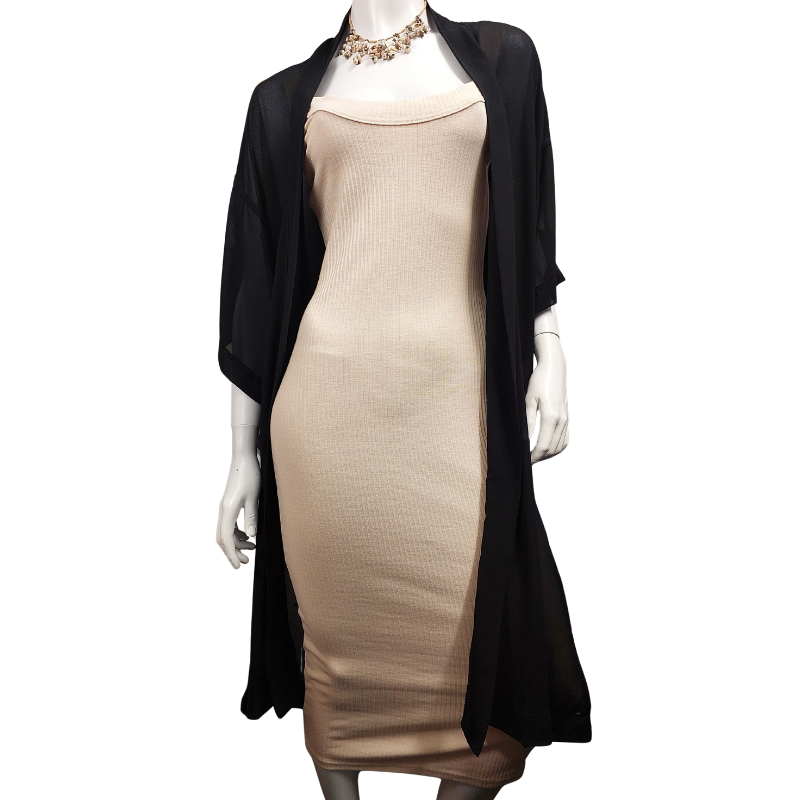 Jaclyn M Designer black chiffon long layering coat, size 10-12-14