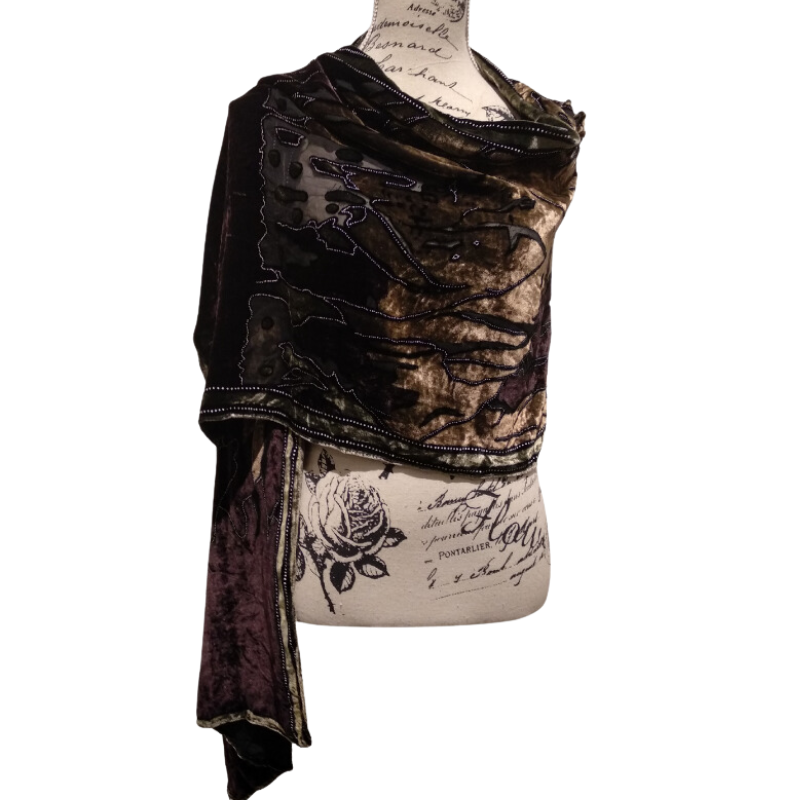 Purple / beige velvet beaded shawl-HIRE