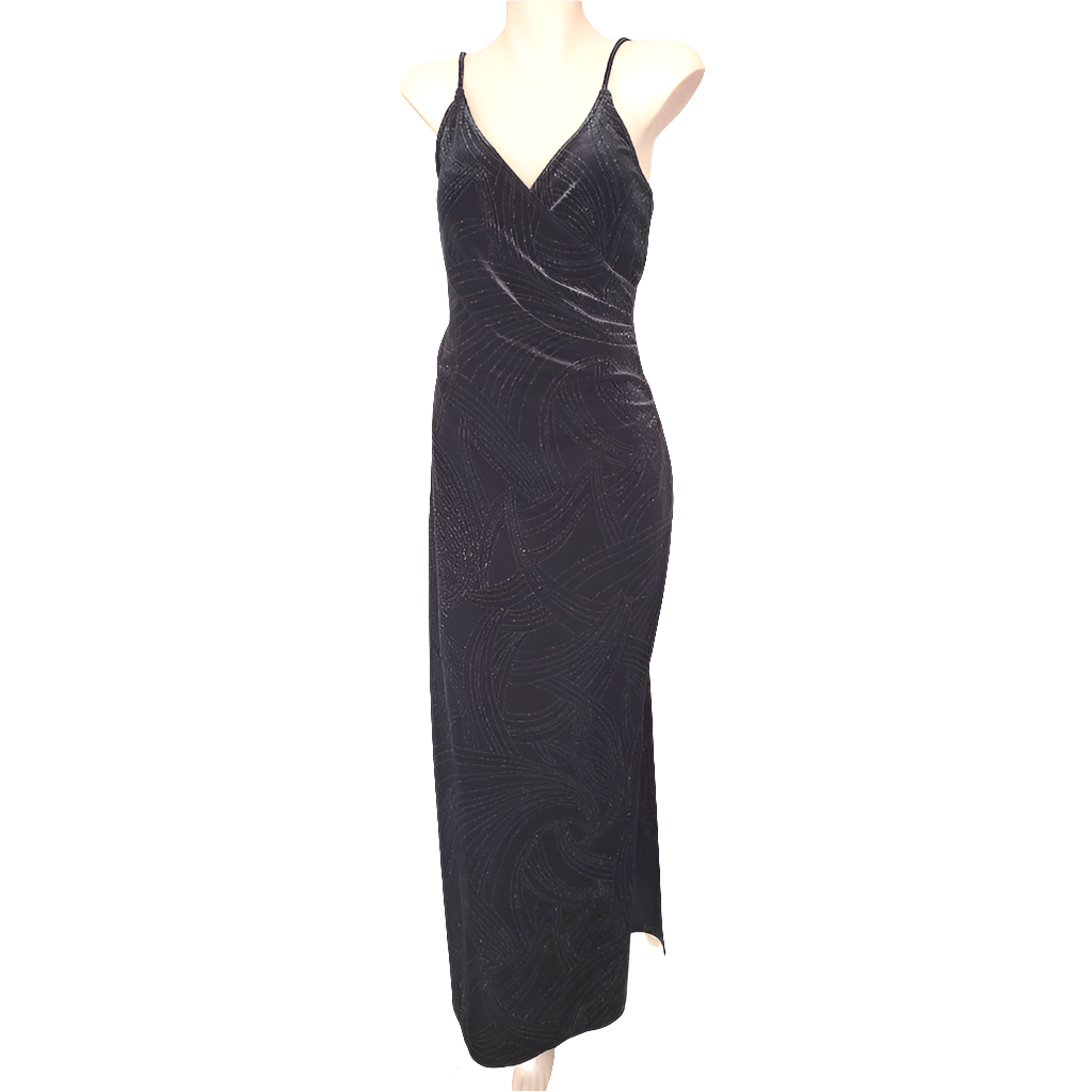 Rapsody black velvet silver sparkle midi dress, size 8