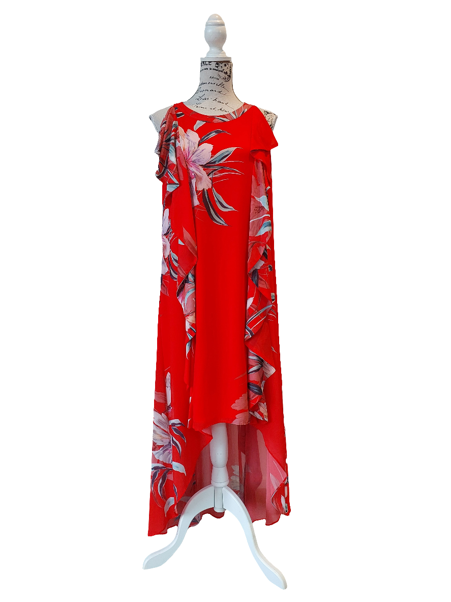 Harlow orange red floral high low dress, size 18