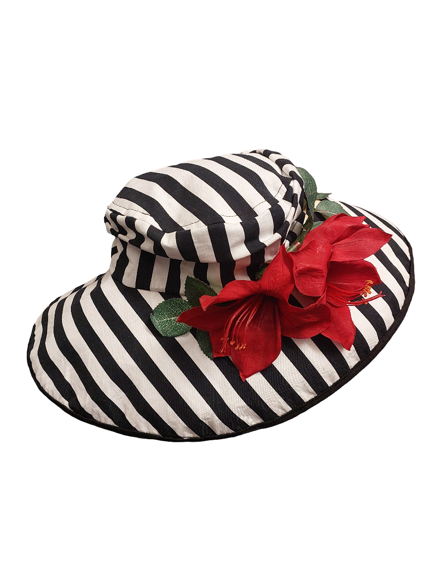 Black & white striped. Red flower hat-HIRE