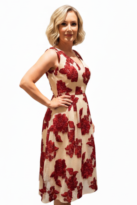 Romance red formal embroidered party dress, size 10/12