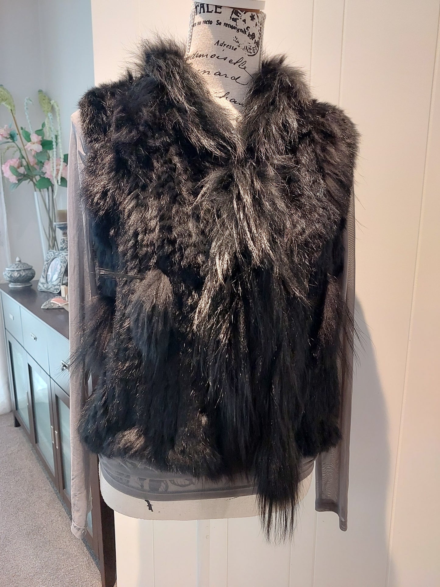 Roskilde black genuine rabbit fur vest, size 12-14