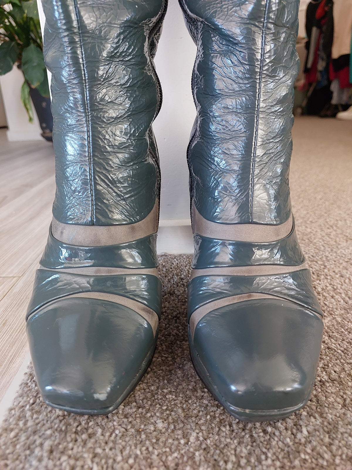 Prophecy teal patent leather knee high boots, size 36/5