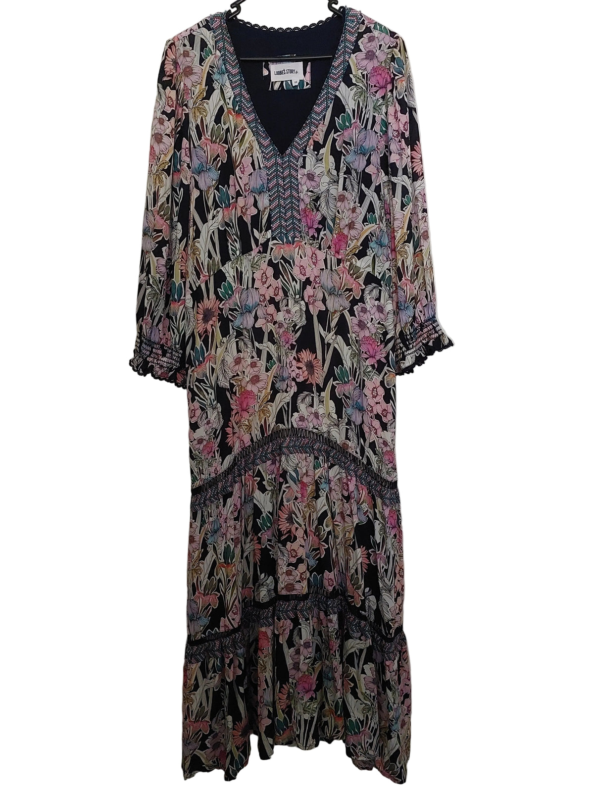 Loobies Story Decoupage Midi Dress black white pink floral dress, size 16 HIRE