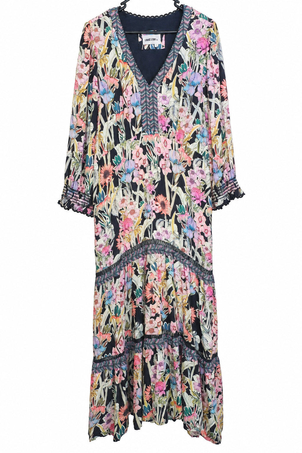 Loobies Story Decoupage Midi Dress black white pink floral dress, size 16-HIRE