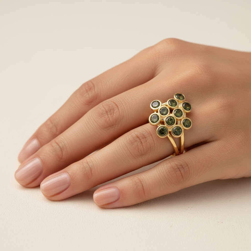 Gold plated sim olive green tanzanite cocktail ring, size 8