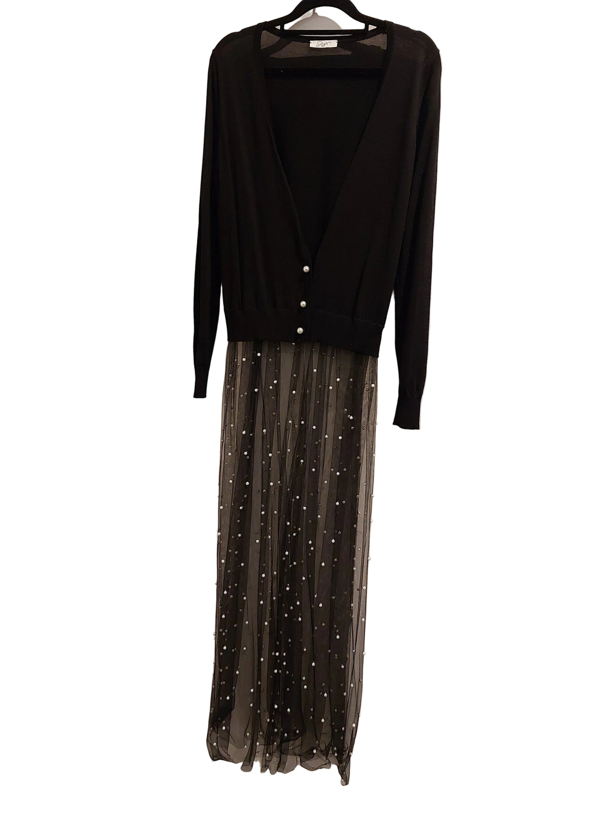 Saxx black cardigan chiffon peal beaded long layering coat, size 10
