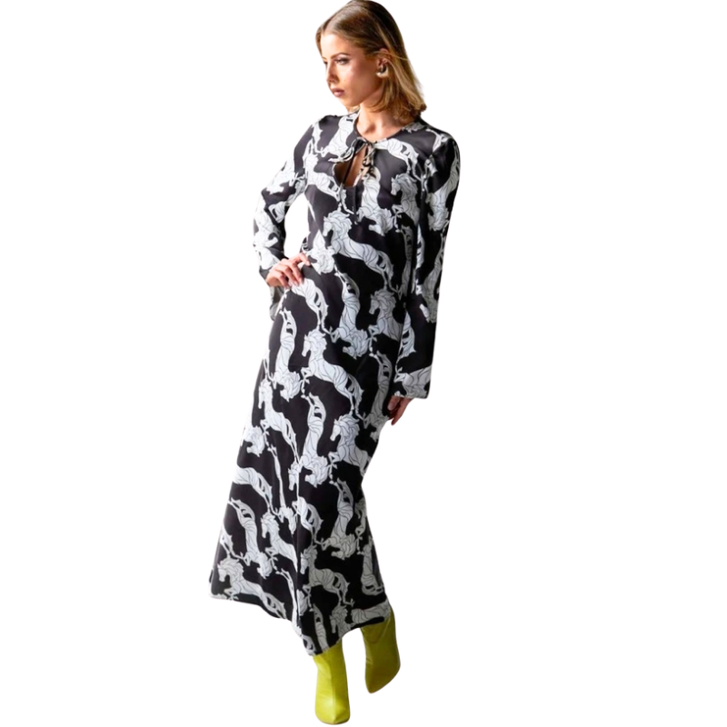 Fate & Becker brown bias Dress in Black Colt white horse print, size 10