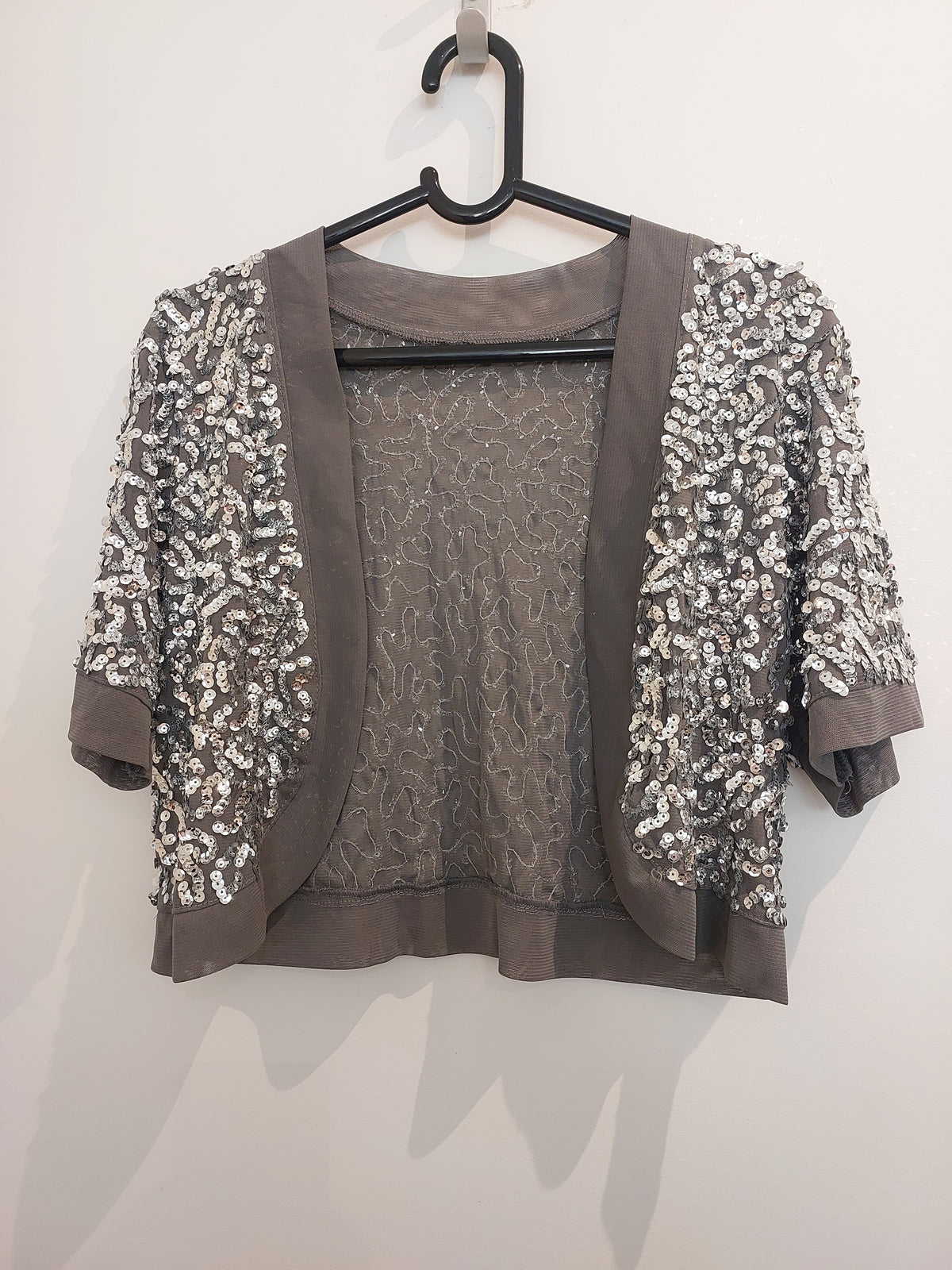 Silver & grey sequin bolero jacket, size 10-HIRE