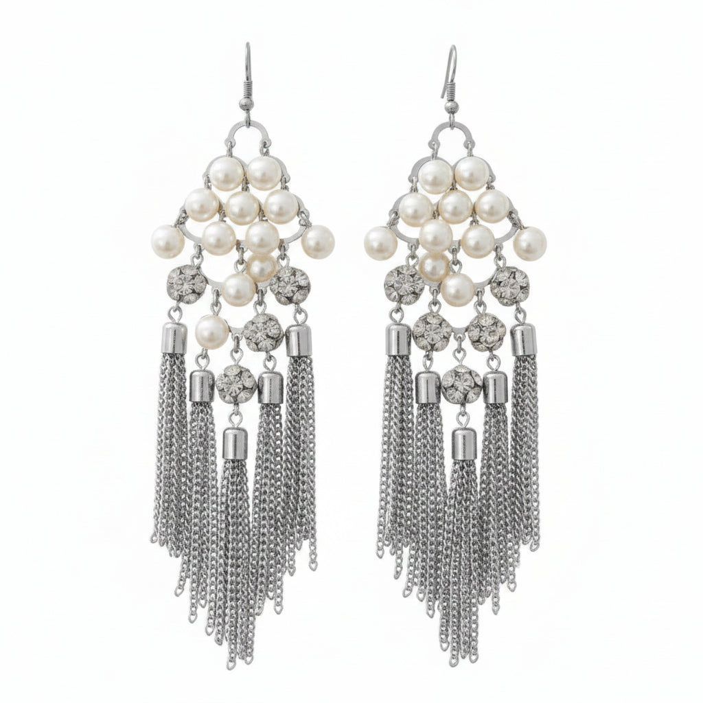Statement vintage style cz & pearl silver plated chain earrings