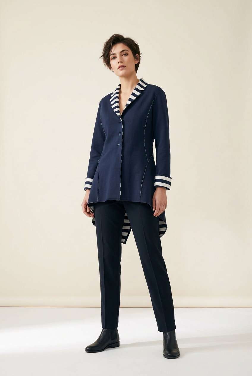 Eleanor Cavaletti Designer navy/ivory striped coat, size 8