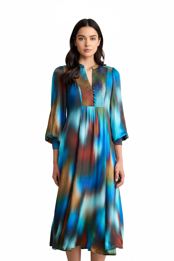 HIRE-Blue Illusion Autumn tones dress, size L