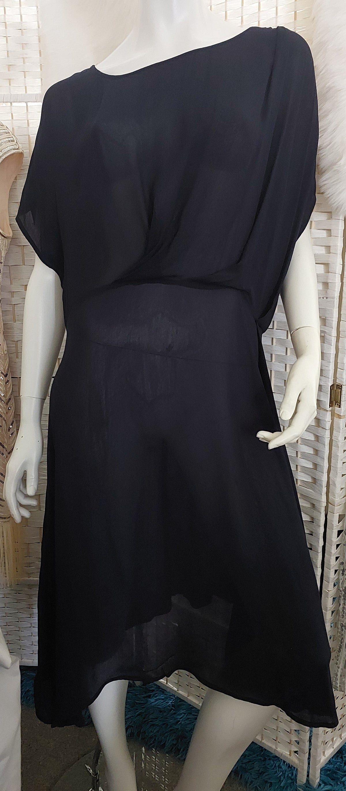 HIRE-Shen Designer navy assemetrical dress, size 10-12