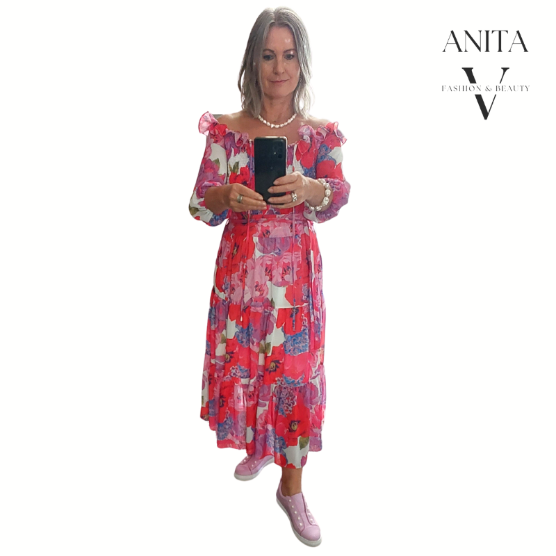 Pia pink floral dress, size M/NZ 10-12