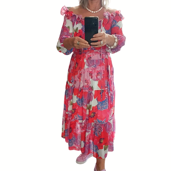 Pia pink floral dress, size M/NZ 10-12
